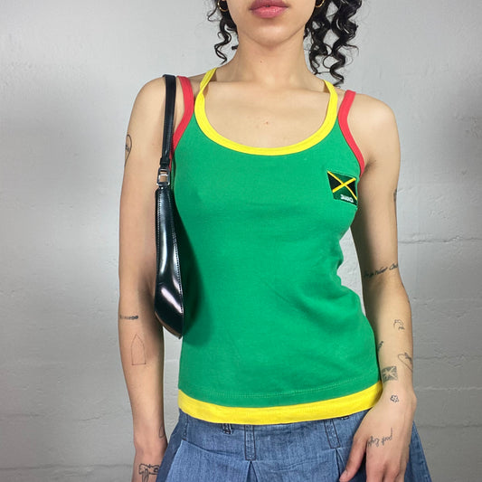 Vintage 2000's Brazil Green Yellow Red Tank Top with Crossing Back and Flag Embroidery (S)