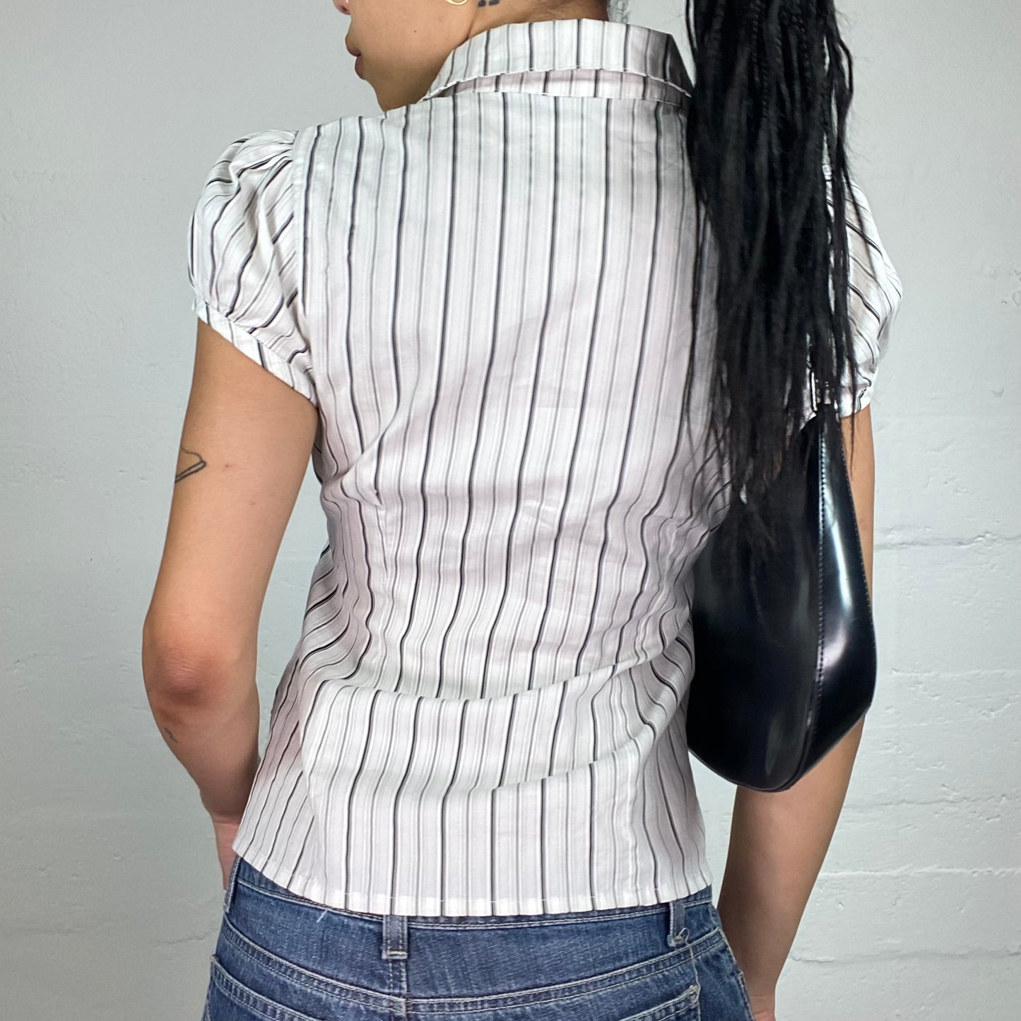 Vintage 2000's Office Girl White Striped Doll Fit Button Up Shirt with Black Binding Waist Band (M)