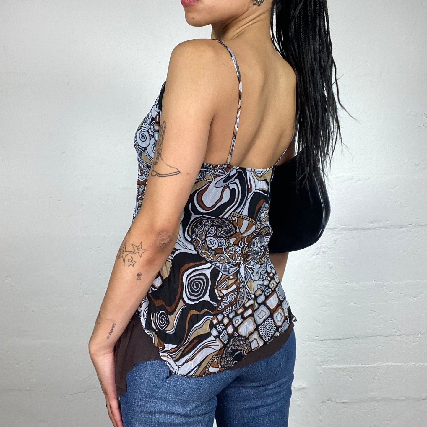 Vintage 2000's Romantic Brown and Light Blue Boho Style Printed Draped Cami Top with Lace Decoration (M)