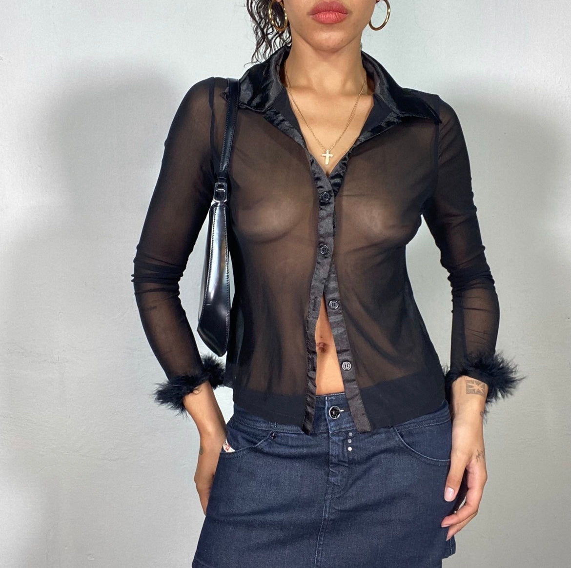 Vintage 2000's Clueless Mesh Black Top with Feather Sleeve Detail (S)