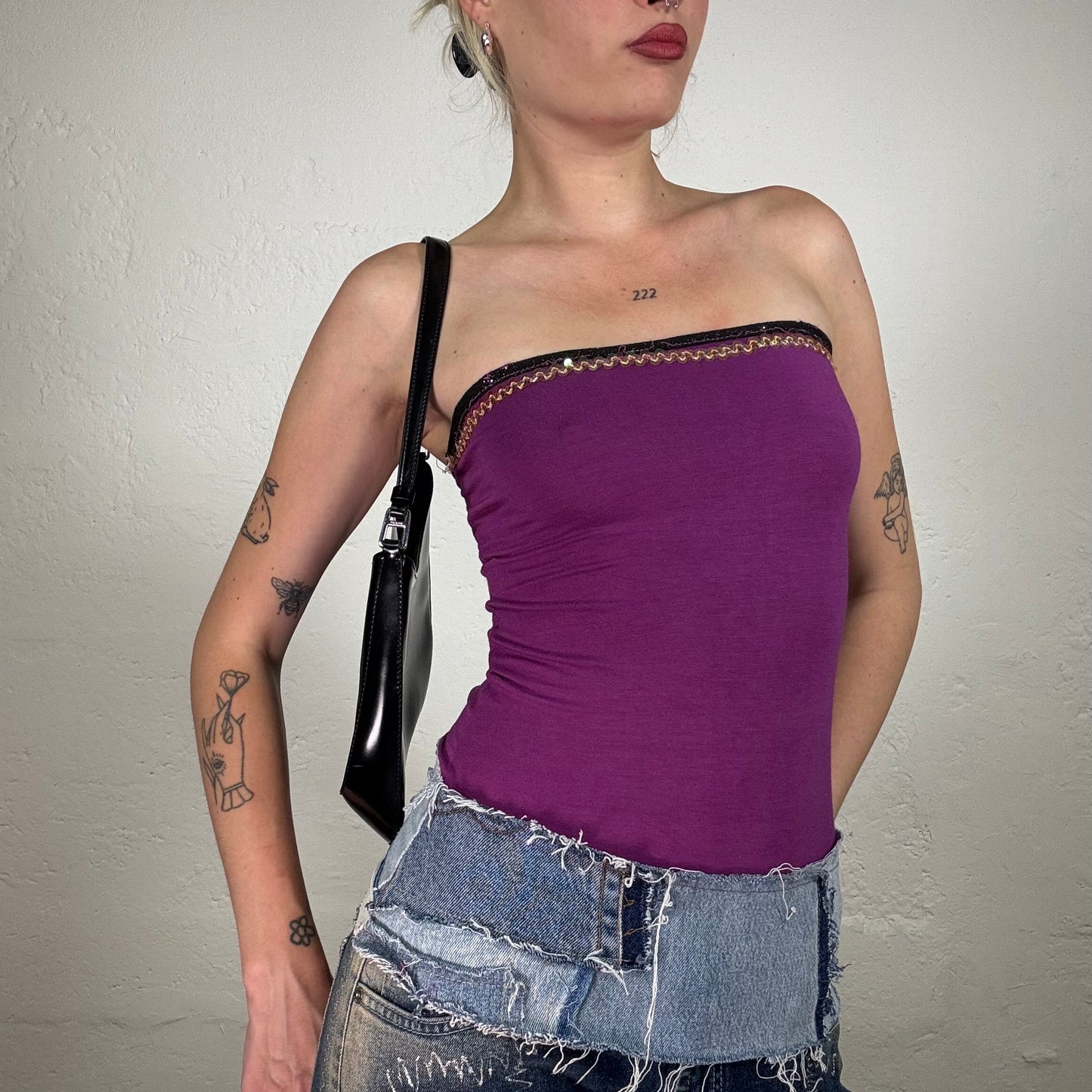 Vintage 2000's Downtown Girl Purple Bandeau Top with Seqin Detail and Denim Bottom Hem (S)