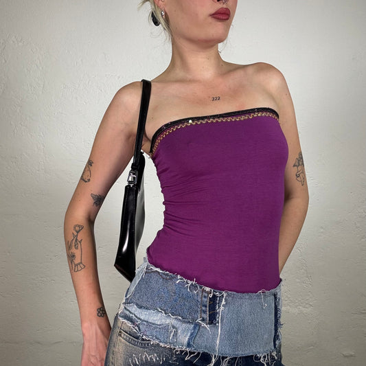 Vintage 2000's Downtown Girl Purple Bandeau Top with Seqin Detail and Denim Bottom Hem (S)