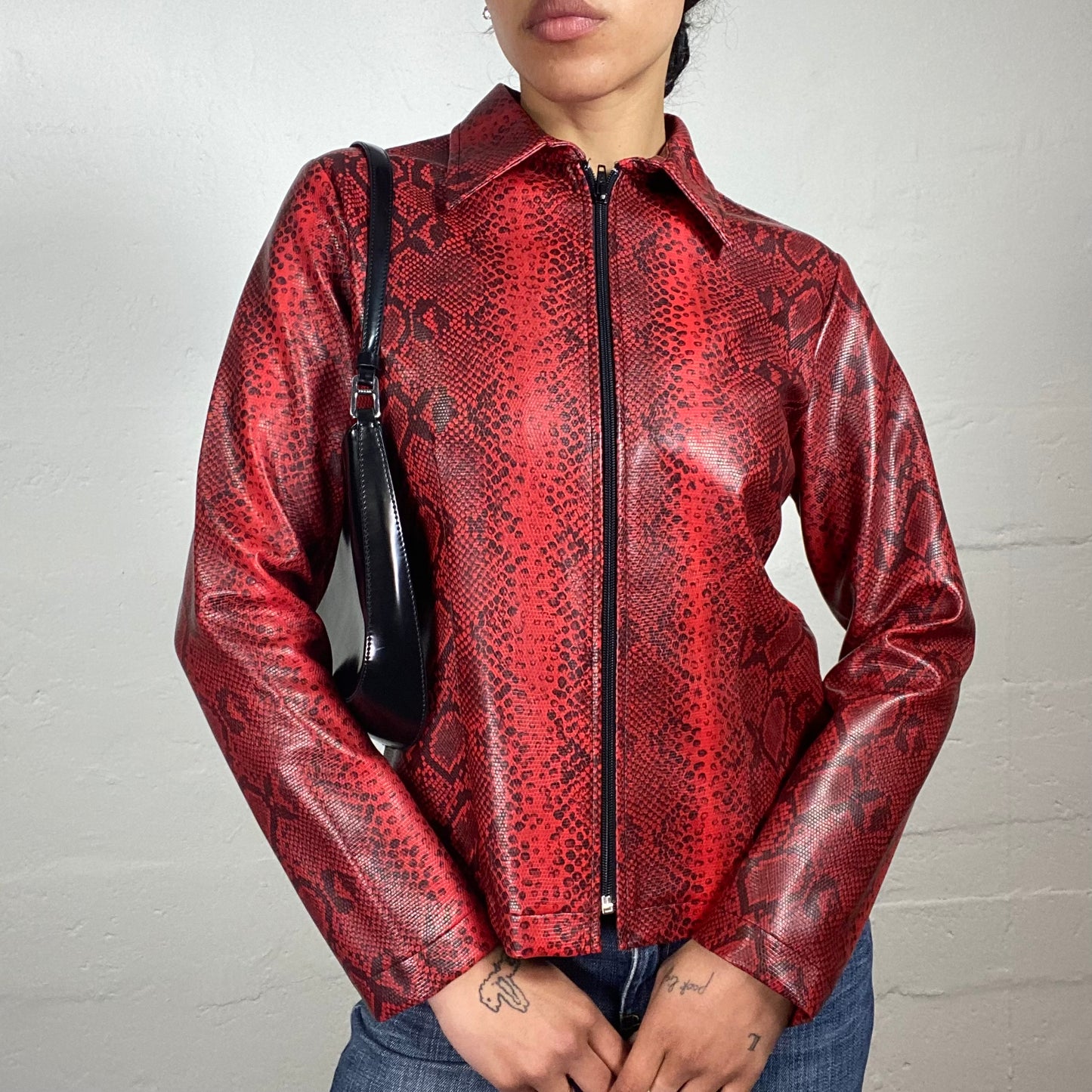 Vintage 2000's Downtown Girl Blood Red Snake Skin Effect Zip Up Jacket (L)