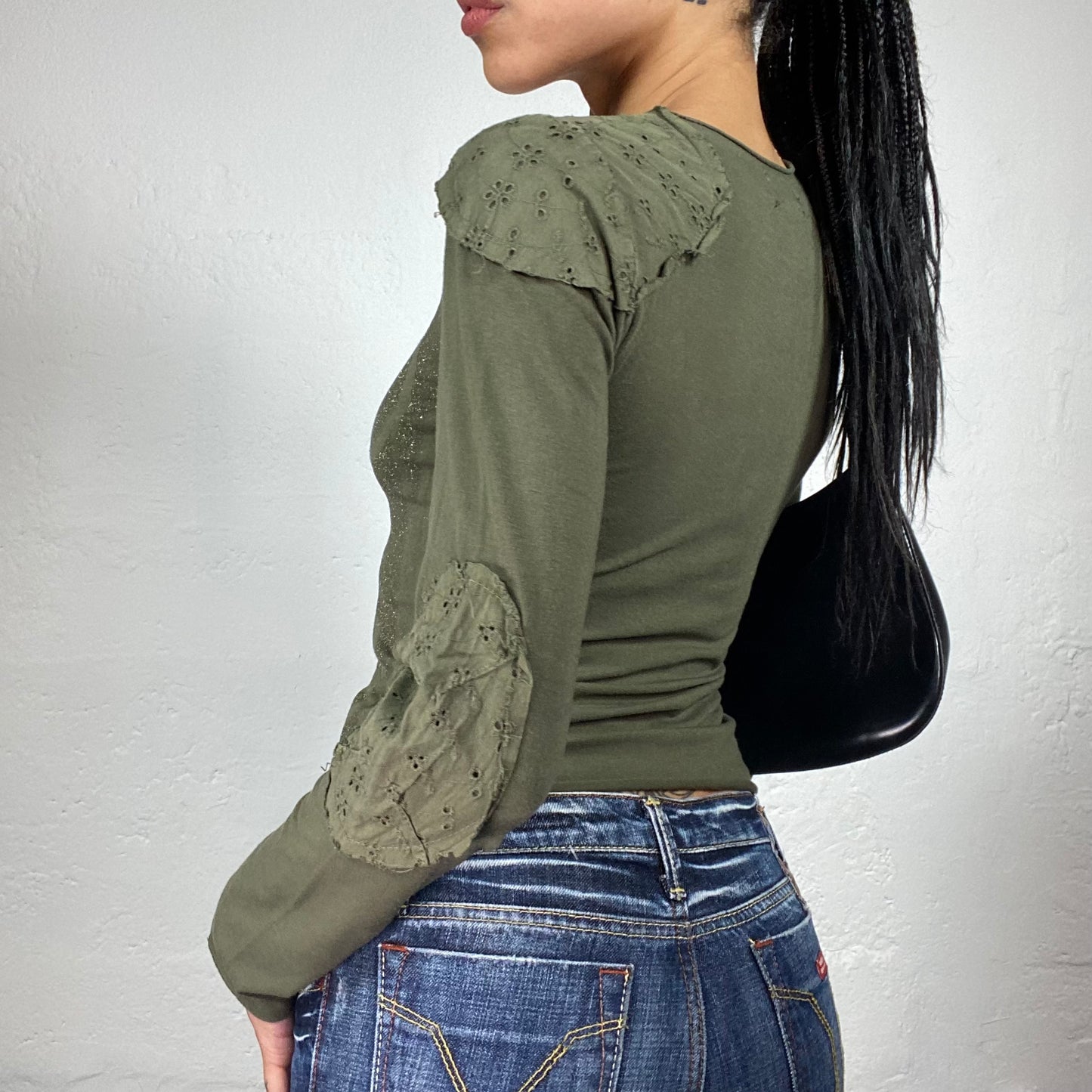 Vintage 2000's Downtown Girl Khaki Green Longsleeve Top with Patches and Sequin Embroidery (S)