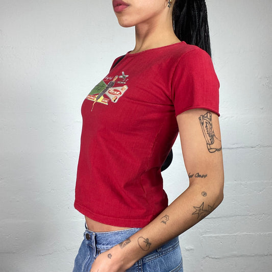 Vintage 2000's Skater Girl Red Baby Tee with 80’s Style Print (M)