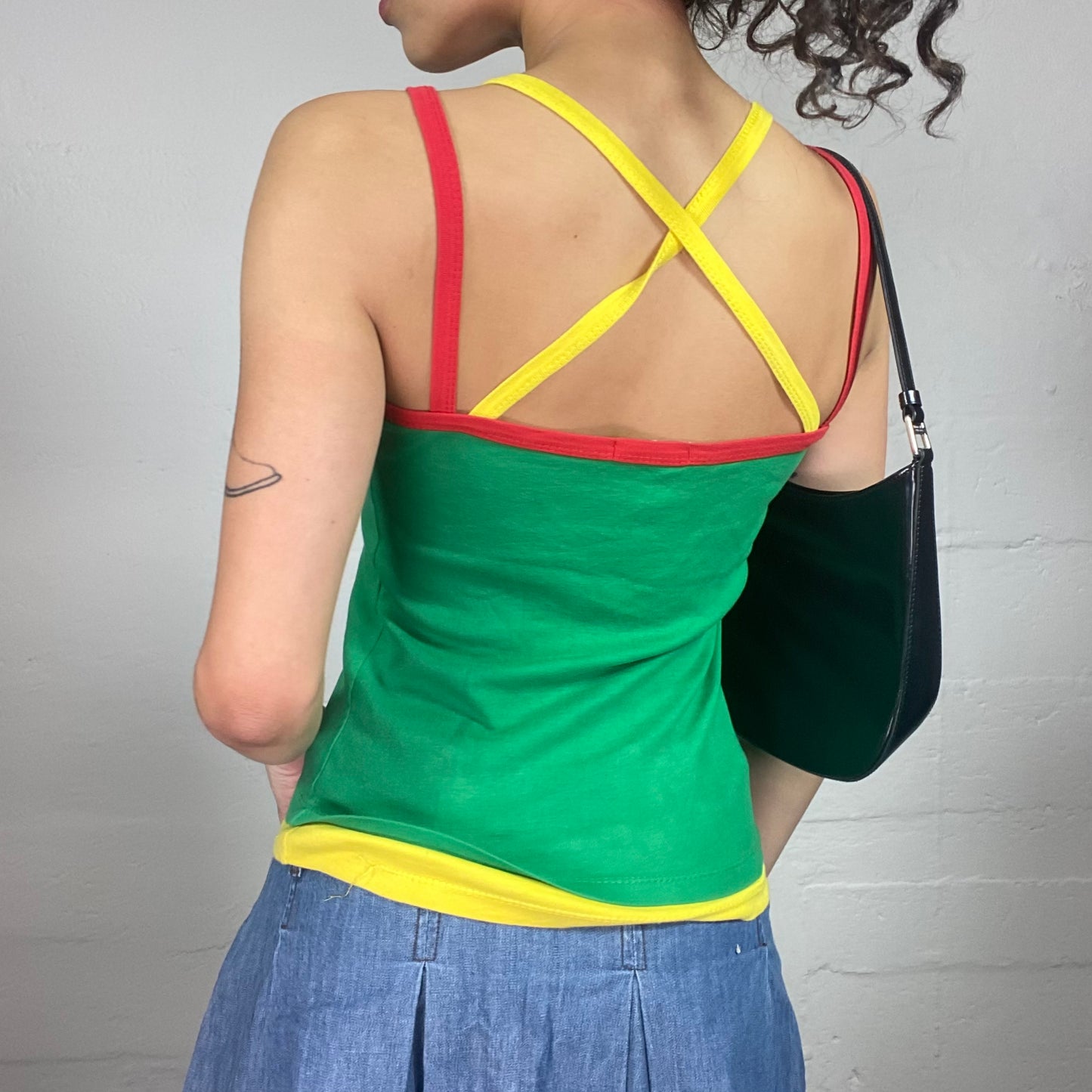Vintage 2000's Brazil Green Yellow Red Tank Top with Crossing Back and Flag Embroidery (S)