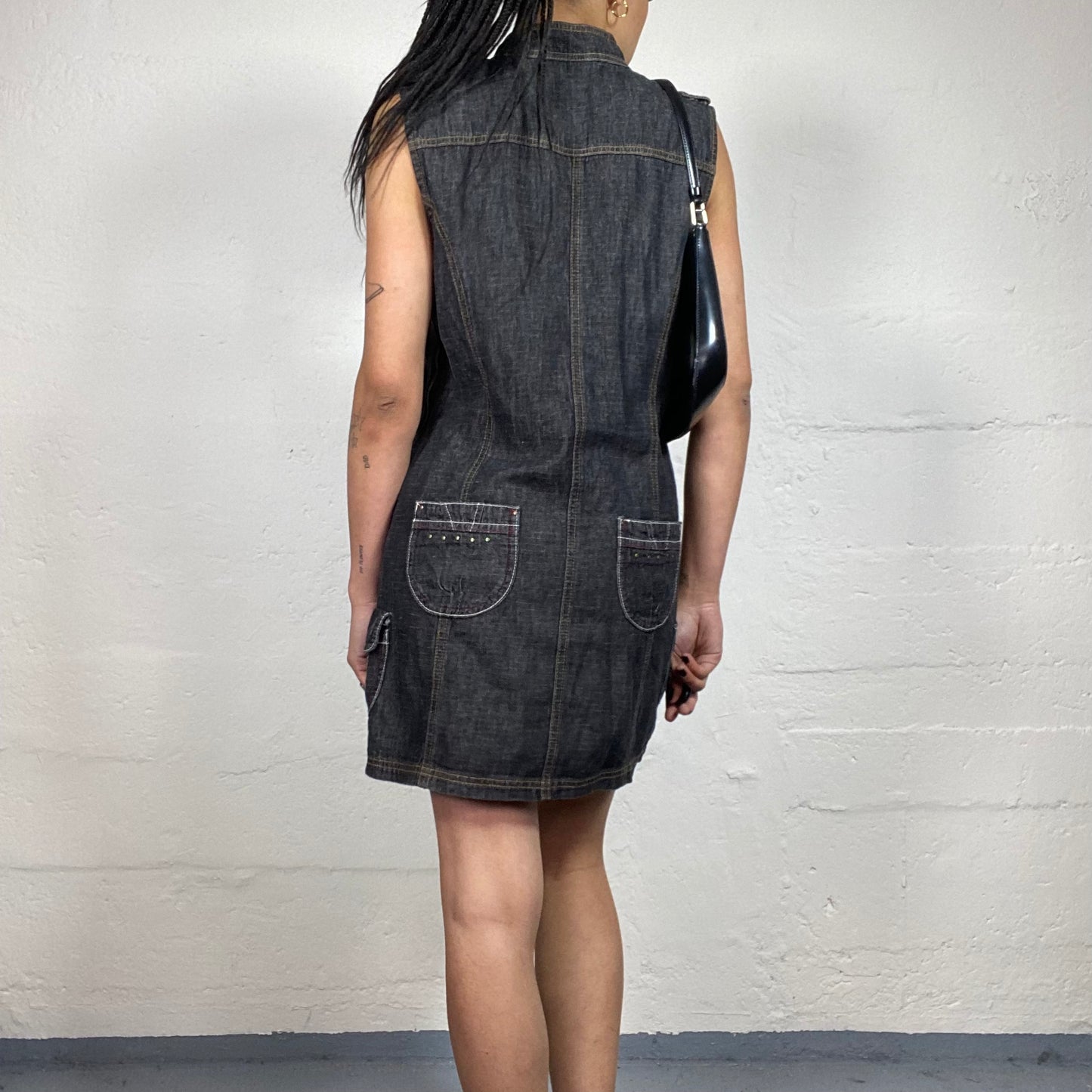 Vintage 2000's Downtown Girl Dark Grey Denim Mini Belted Dress (L)