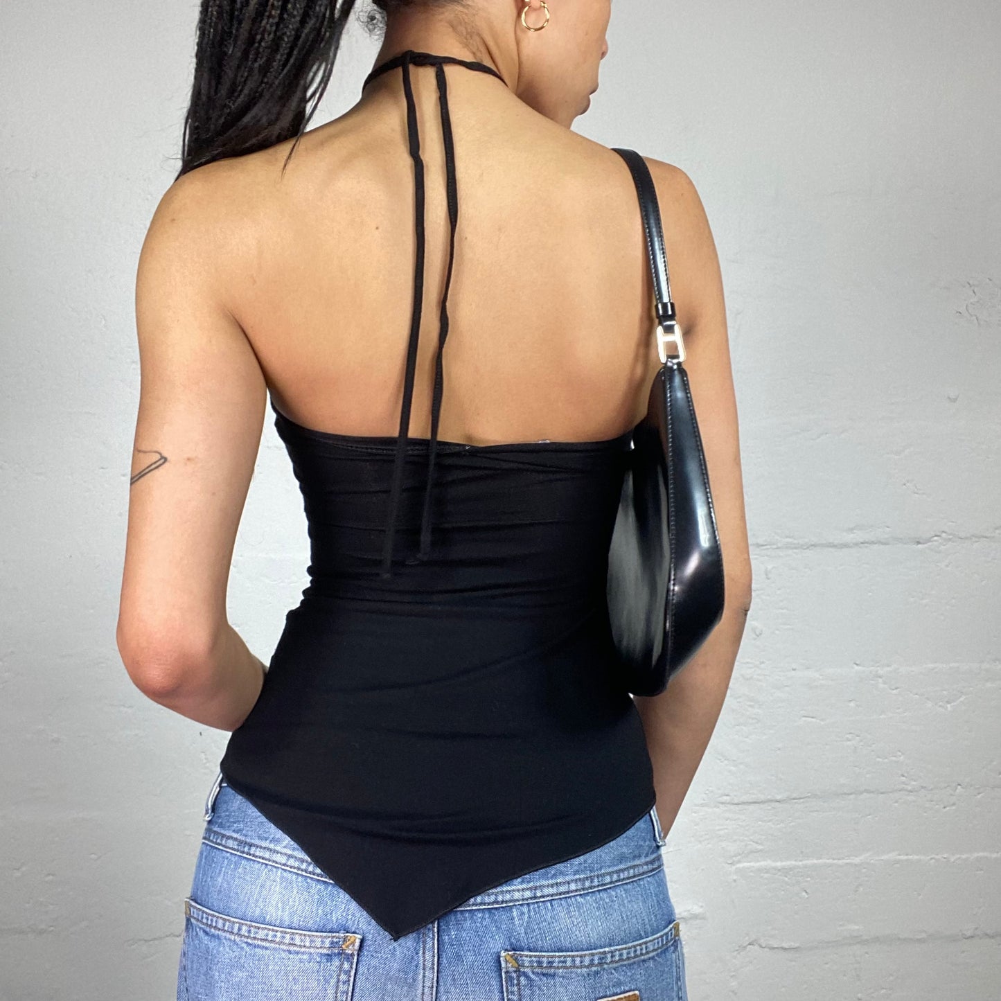 Vintage 2000's Clubwear Black Neckholder Top with Silver In Casino Tonight Print (S)