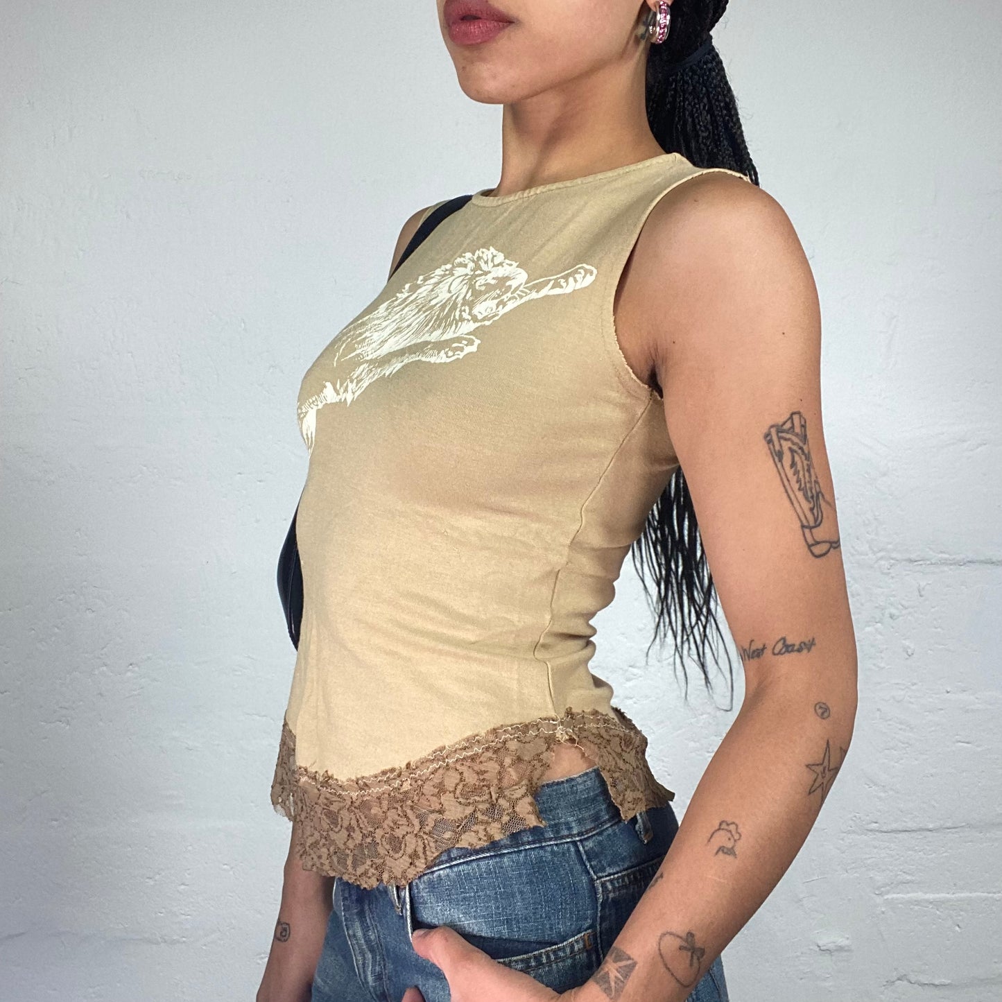 Vintage 2000's Downtown Girl Beige Tank Top with Animal White Print and Coffee Colour Lace Trim (S)