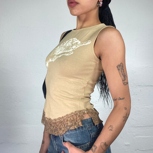 Vintage 2000's Downtown Girl Beige Tank Top with Animal White Print and Coffee Colour Lace Trim (S)