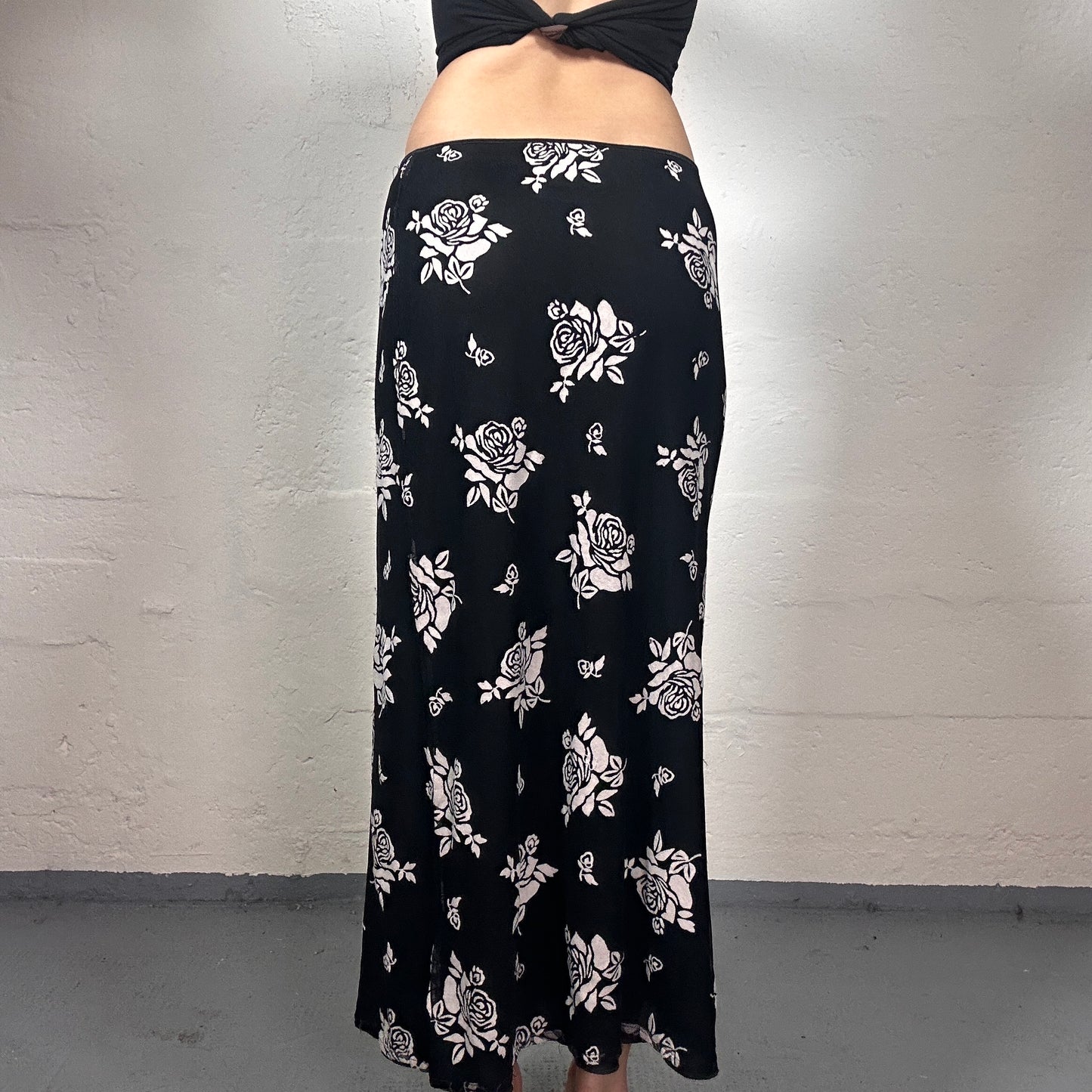 Vintage 2000's Romantic Black Chiffon Maxi Skirt with White Floral Print (S)