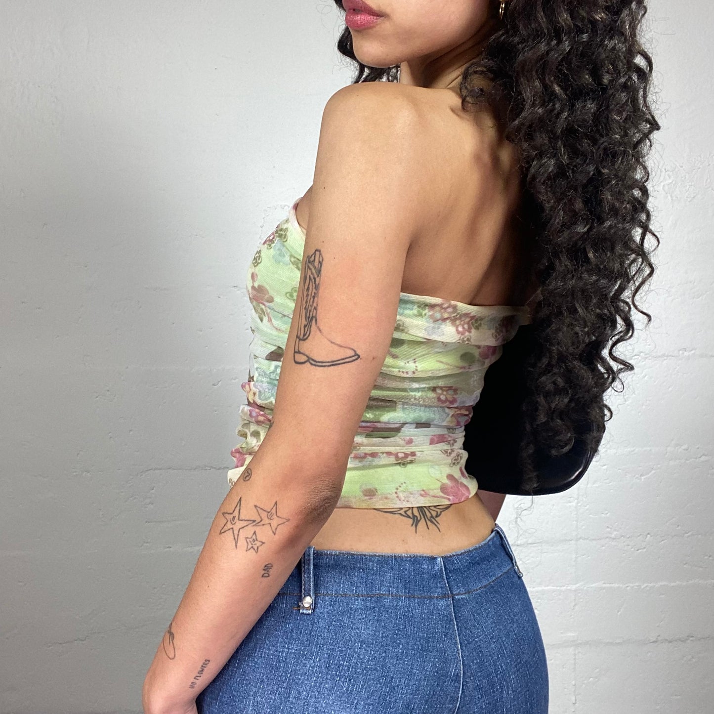 Vintage 2000's Garden Fairy Summer Green Chiffon Draped Tube Top with Floral Print (S)