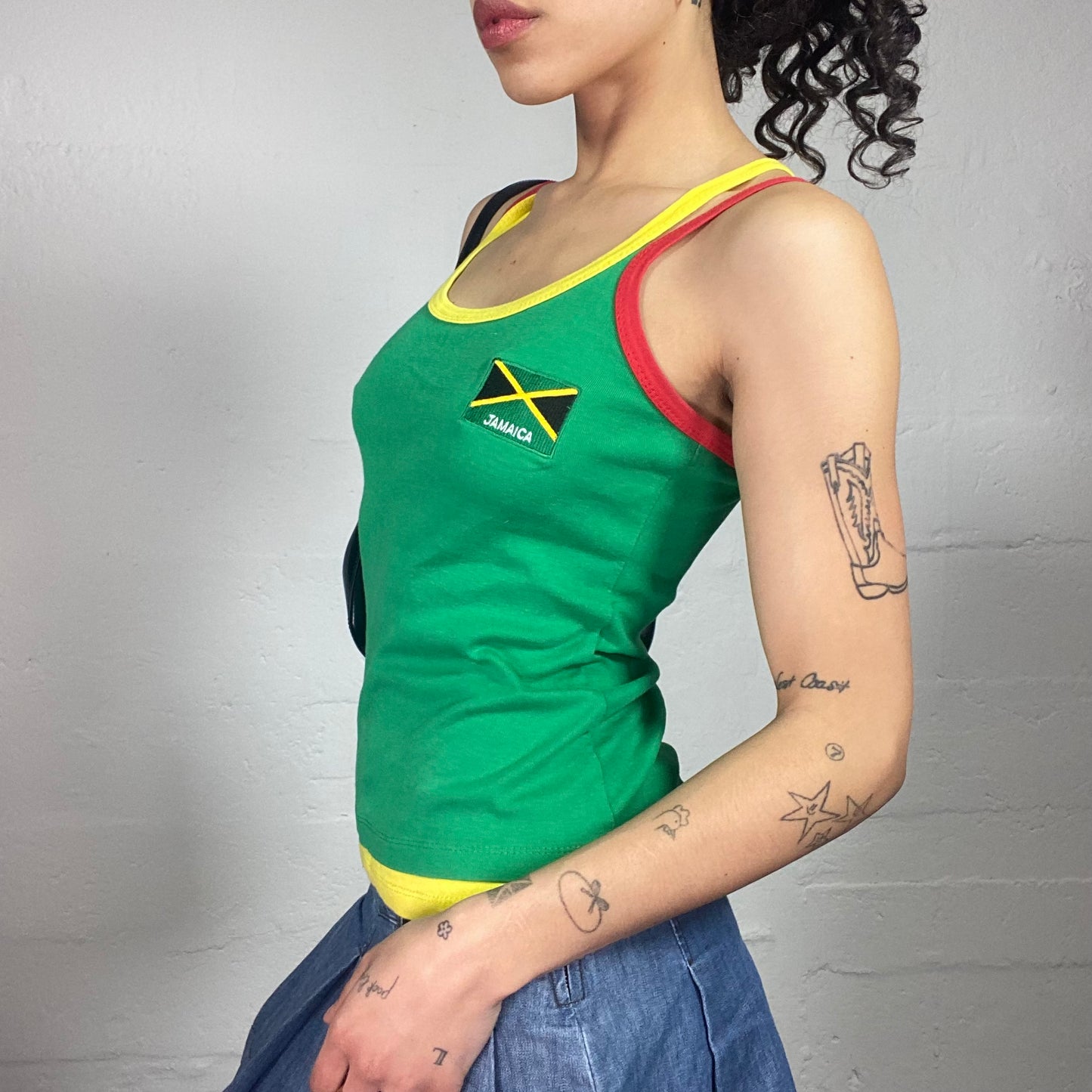 Vintage 2000's Brazil Green Yellow Red Tank Top with Crossing Back and Flag Embroidery (S)