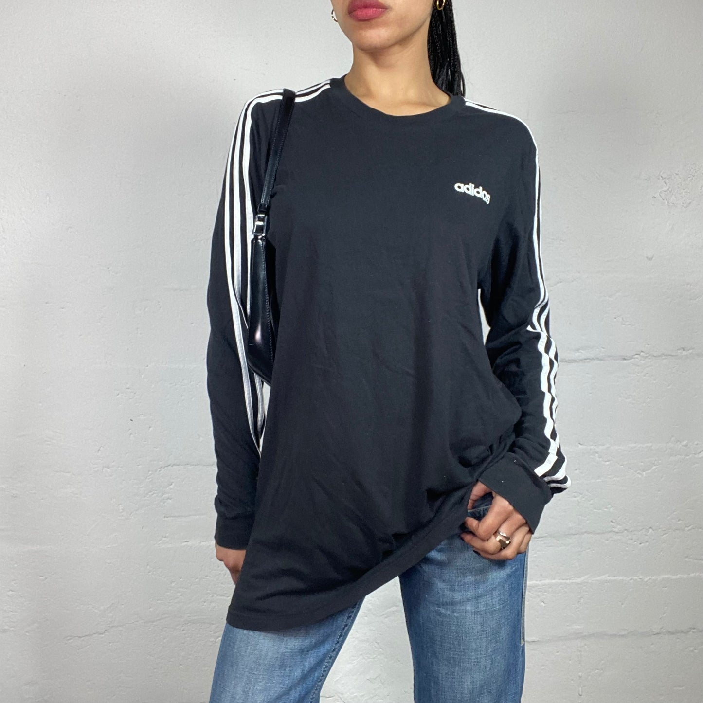 Vintage 2000's Archive Adidas Black Longsleeve Top with White Side Stripes and Logo (L)