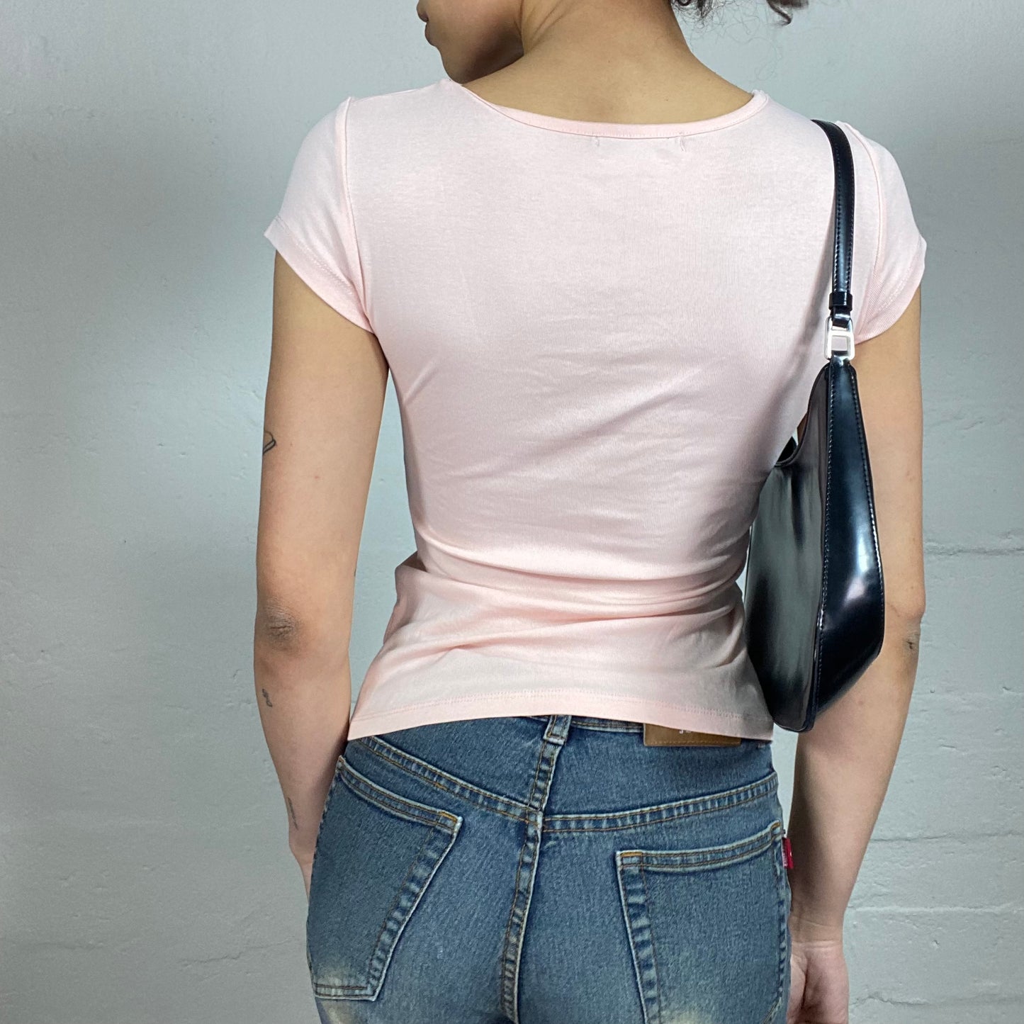 Vintage 2000's Soft Girl Wrapped Baby Pink Shortsleeved Top with Rhinestones (S/M)
