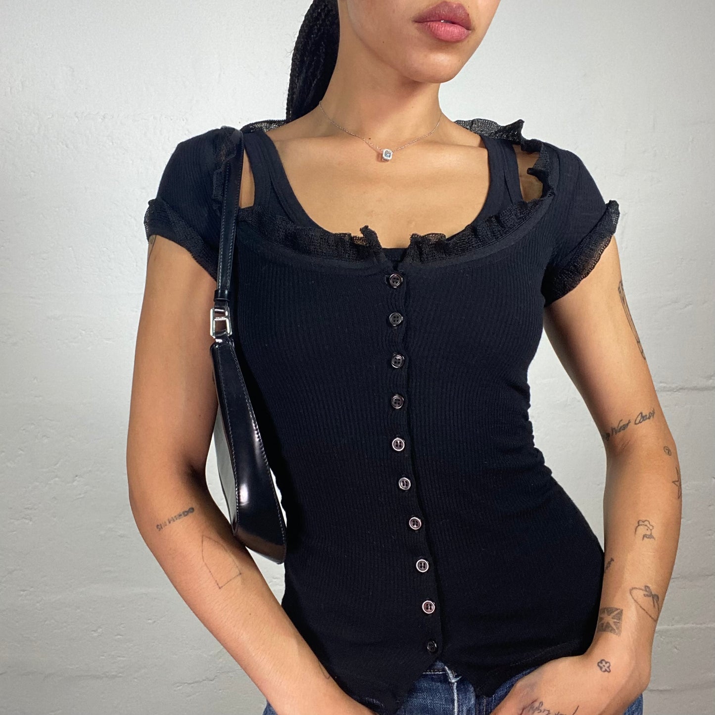 Vintage 2000's Coquette Black Double Layer Button Up Doll Sleeves Top (S)