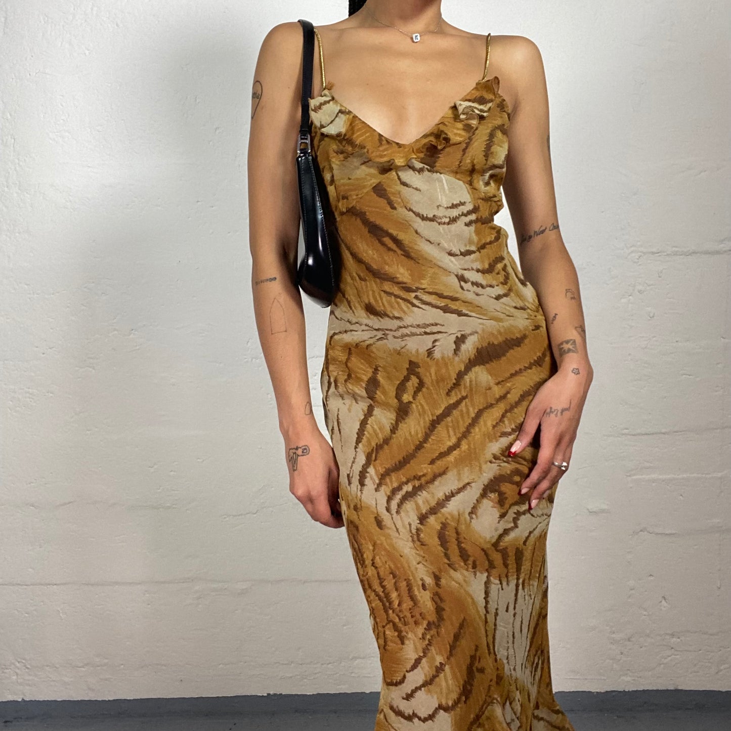 Vintage 2000's Summer Chic Warm Brown and Yellow Toned Maxi Cami Dress with Tiger Print (S)