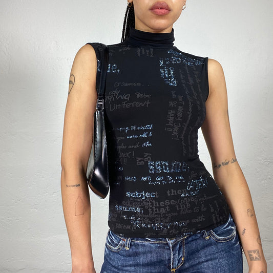 Vintage 2000's Downtown Girl Black Turtleneck Tank Top with Shiny Typography Print (M)