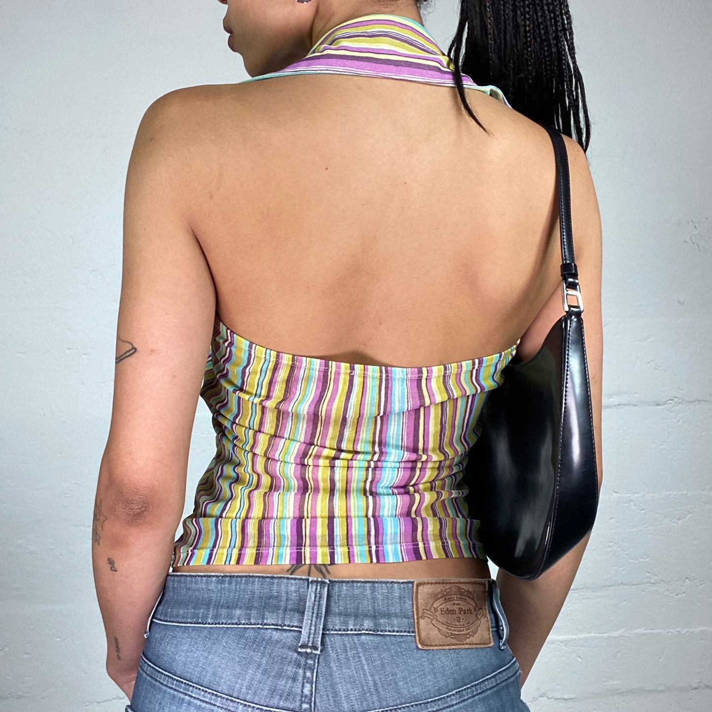 Vintage 2000's Funky Multicolour Stripes Printed Wrap Up Effect Collared Neckholder Top (M)