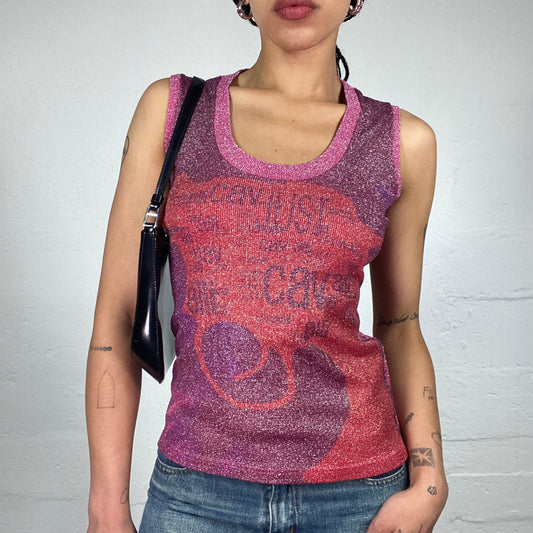 Vintage 2000's Archive Just Cavalli Glam Downtown Glitter Shiny Jersey Pink Tank Top (S)