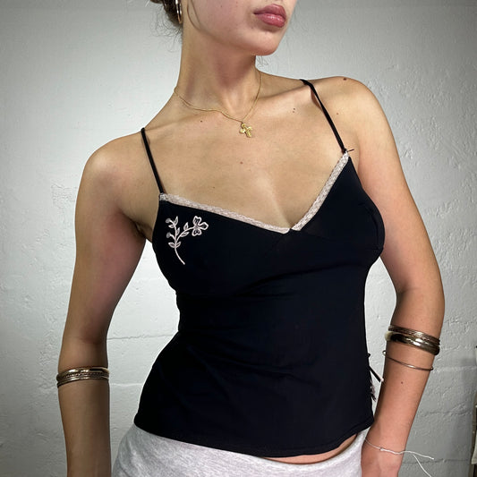 Vintage 2000's adowntown Girl Black Cami Top with Pink Lace Trim and Embroidery Detail (XS)