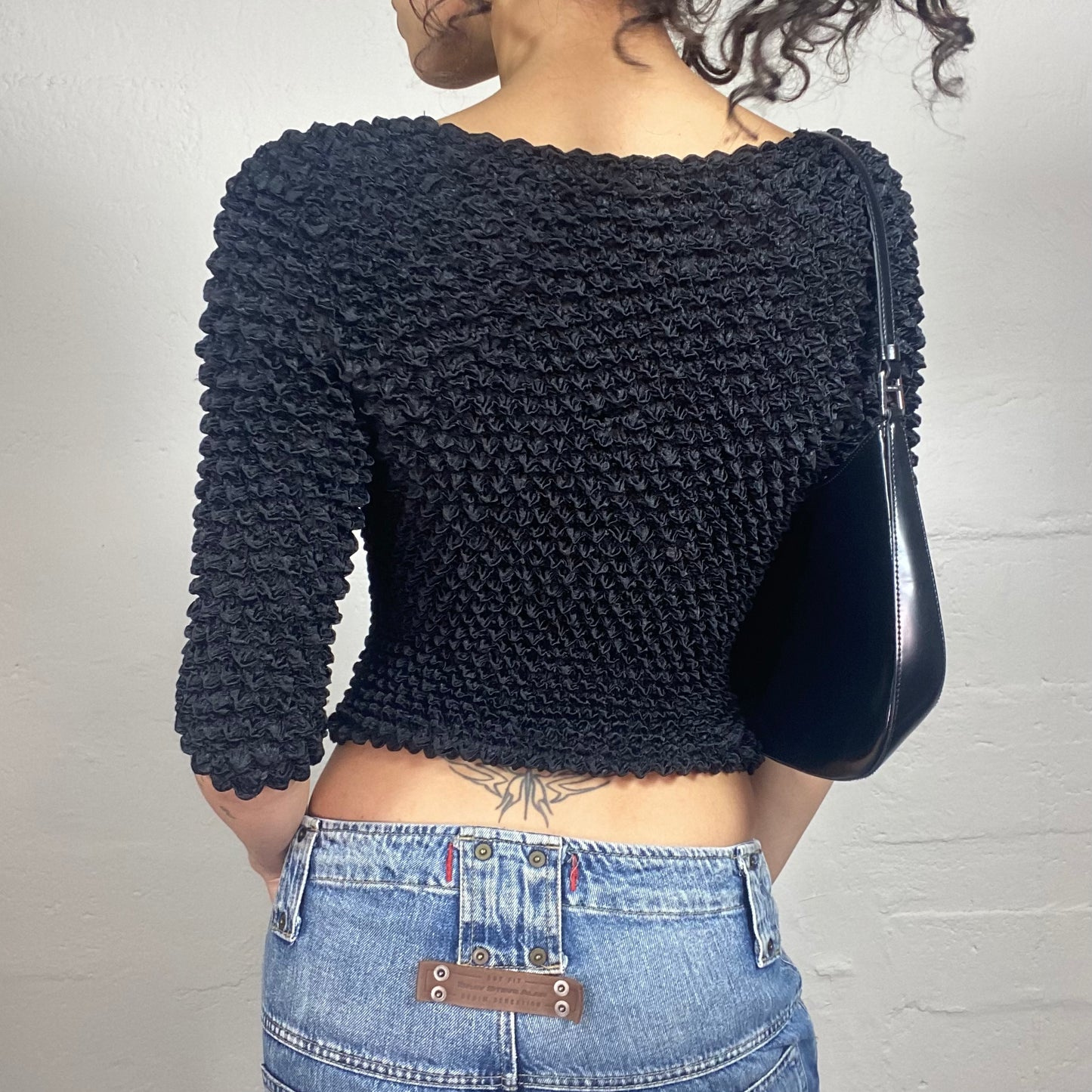 Vintage 2000's Downtown Girl Black Satin 2/4 Sleeve 3D Textured Top (S/M)