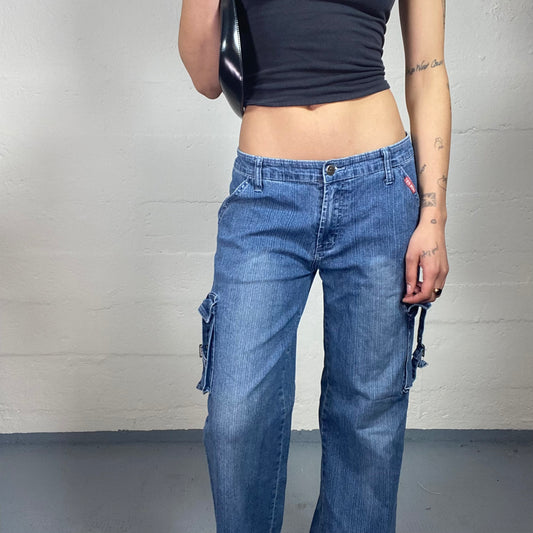 Vintage 2000's Downtown Girl Low Waisted Blue Denim Straight Fit Cargo Jeans (XXL)