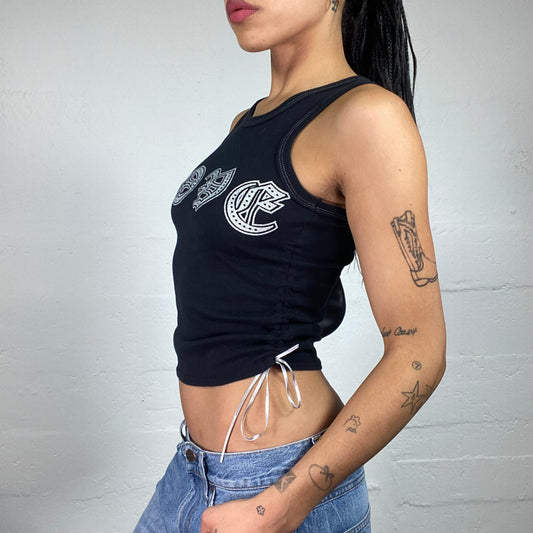 Vintage 2000's Sporty White Typo Printed Silky Ribbons Detailed Black Tank Top (XS)