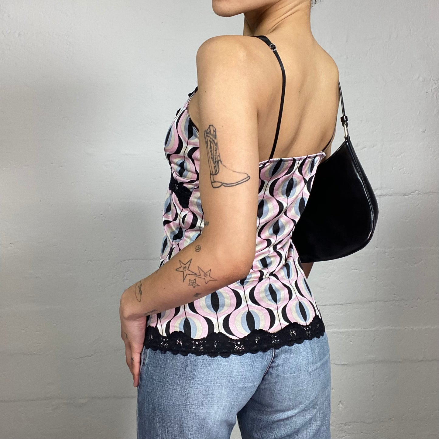 Vintage 2000's Coquette Pink and Black Silky Printed Cami Top with Black Lace Trim (M)