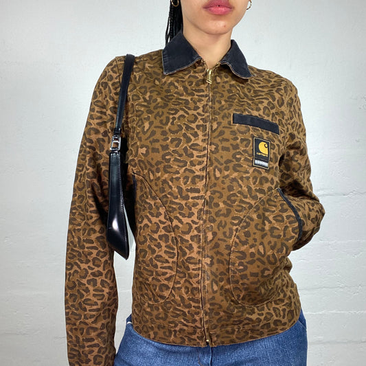Vintage 2000's Skater Girl Ginger Brown Leo Print Zip Up Collared Jacket (XS)