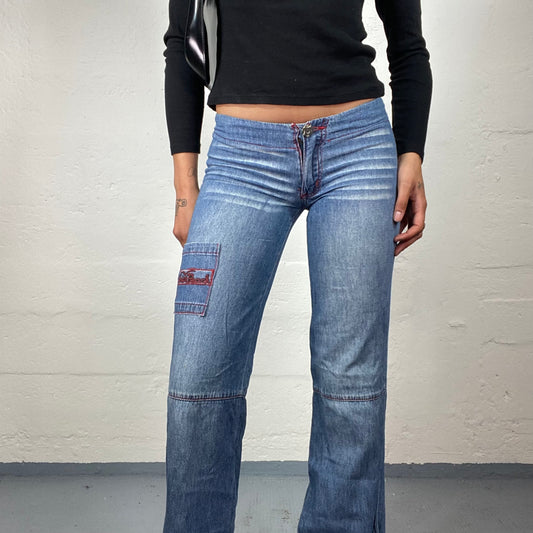 Vintage 2000's Downtown Girl Low Waisted Classic Blue Straight Cut Pants with Red Accents (S/M)