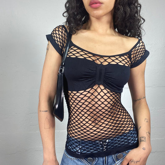 Vintage 2000's Clubwear Mesh Black Fishnet Off Shoulder Top