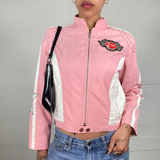 Vintage 2000's Phard Biker Girl Pink and White Zip Up Jacket with Kiss My Dust Back Print and Start Arm Patches (M)