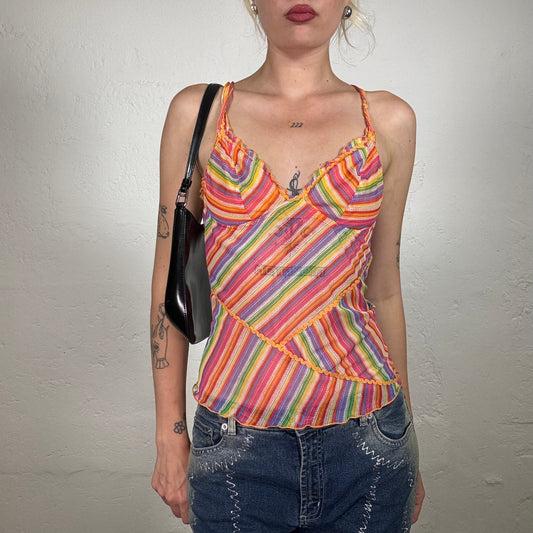 Vintage 2000's Downtown Girl Multicolour Striped Top with Orange Lace and Ruffle Details (M)