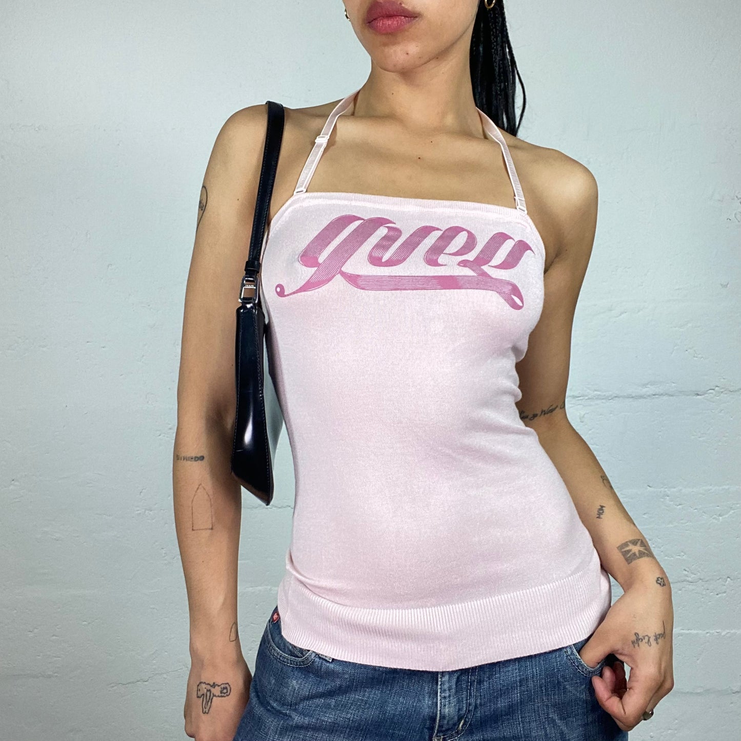 Vintage 2000's Guess Soft Girl Baby Pink Tube Cut Neckholder Typography Print Top (S)