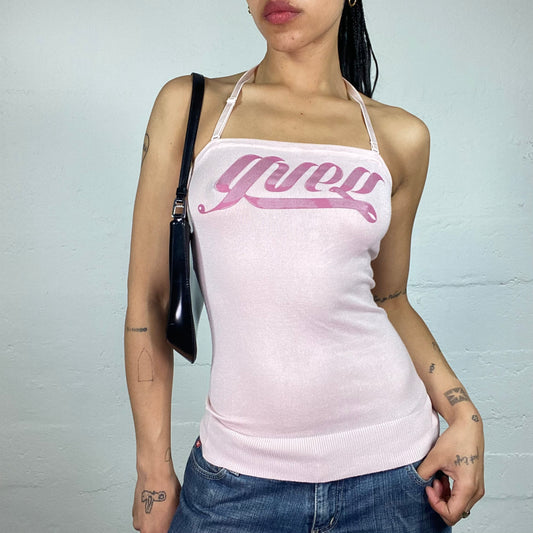 Vintage 2000's Guess Soft Girl Baby Pink Tube Cut Neckholder Typography Print Top (S)