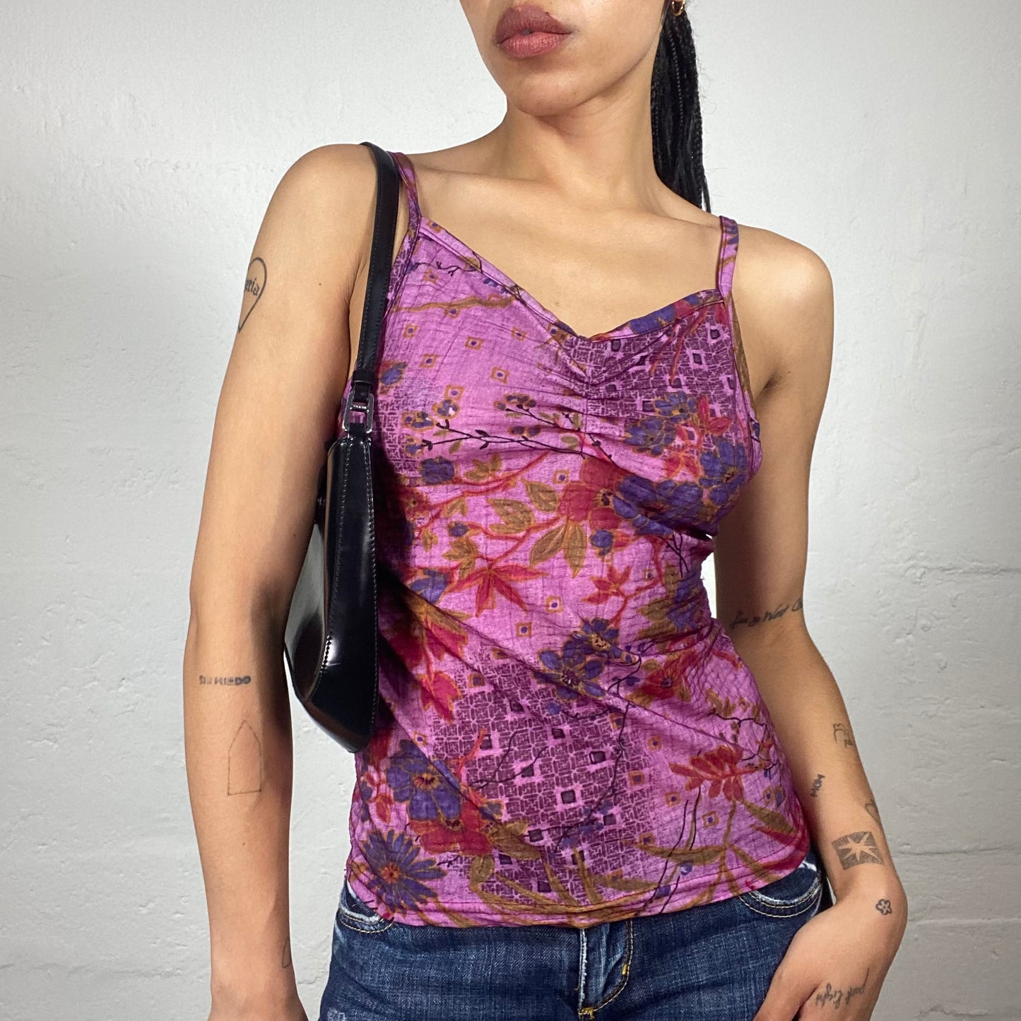 Vintage 2000's Pop Boho Fuchsia Abstract Printed Cami Top with Ruffled Bra (M/L)