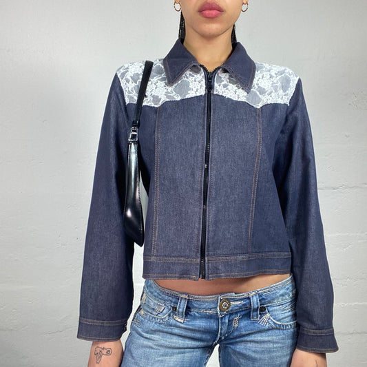 Vintage 2000's Coquette Dark Blue Zip Up Collared Denim Jacket with White Lace Decor (S)
