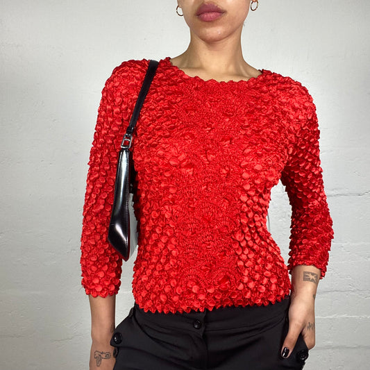 Vintage 2000's Sunday Date Rose Red 3/4 Sleeved 3D Textured Top (S)