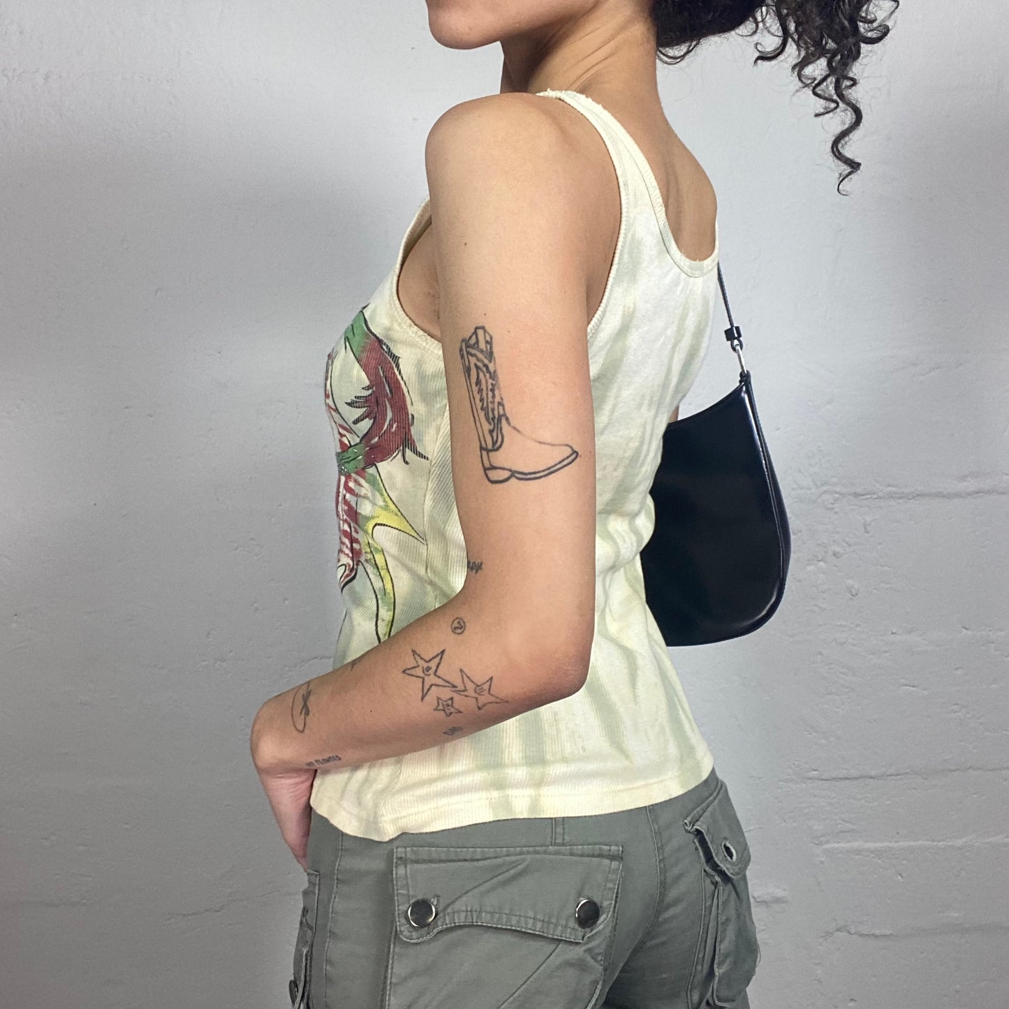 Vintage 2000's Grunge Beige and Khaki Fading Tank Top with Heart Knife Print (M)