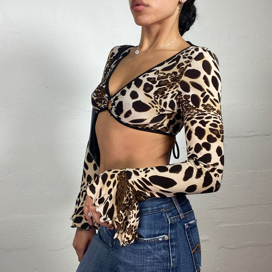 Vintage 2000's Clubwear Beige and Brown Animal Print Bra Longsleeve Flared Top with Back Binding (S)