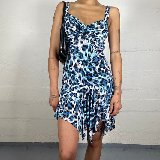 Vintage 2000's Casual Glam Summer Blue Mini Cami Asymmetric Bottom Trim Dress with Leo Print (S)