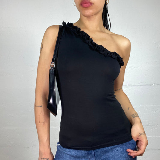 Vintage 2000's Romantic Black Asymmetric One Shoulder Top with Ruffled Trim (S)