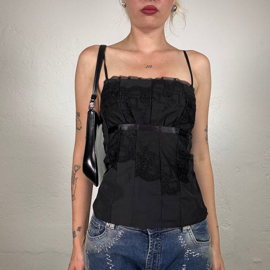 Vintage 2000's Gothic Black Lace Corset style Top with Satin ribbon Detail (S)