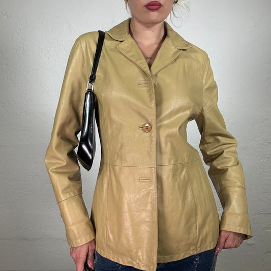 Vintage 2000's Cowgirl Sand Colour Leather Blazer Cut Button Up Jacket (S)