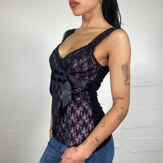 Vintage 2000's Romantic Black And Purple Floral Lace Cami Top with Silky Band (S)