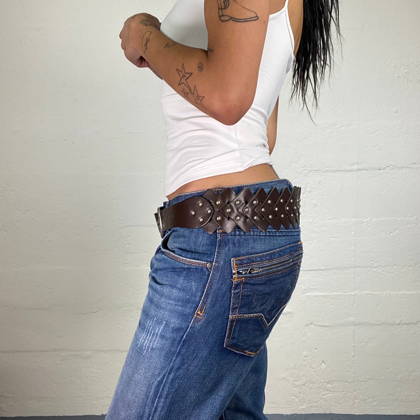 Vintage 2000's Boho Girl Brown Leather Patchwork Belt with Metal Pieces Details