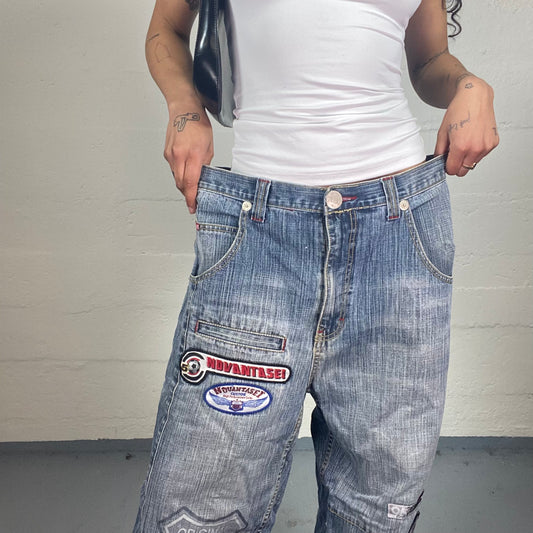 Vintage 2000's Streetwear Baggy Washed Out Blue Jeans with Colourful Patches (XL)