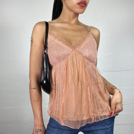 Vintage 2000's Morgan Princess Nude Pink Chiffon Layered Cami Top with Silver Sequin Embroidery (M)