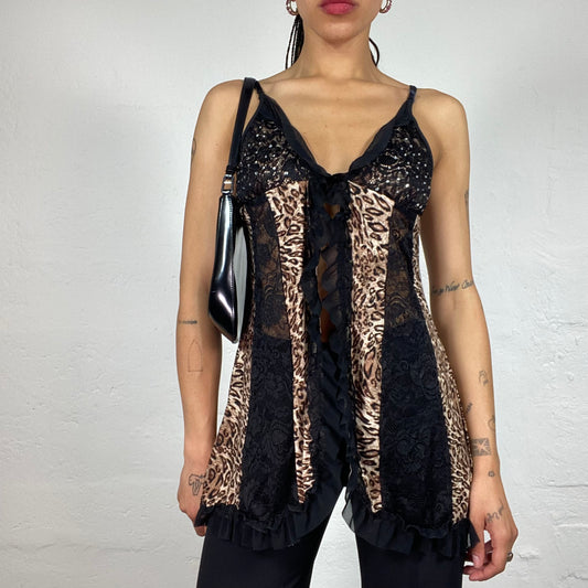 Vintage 2000's Glamorous Brown and Black Leo Printed Camisole with Lace Details and Ruffled Trim (S)
